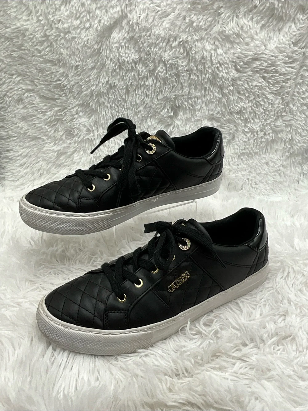 Guess Quilted Sneakers Size 10M Black Lace-up Gold-tone Accents